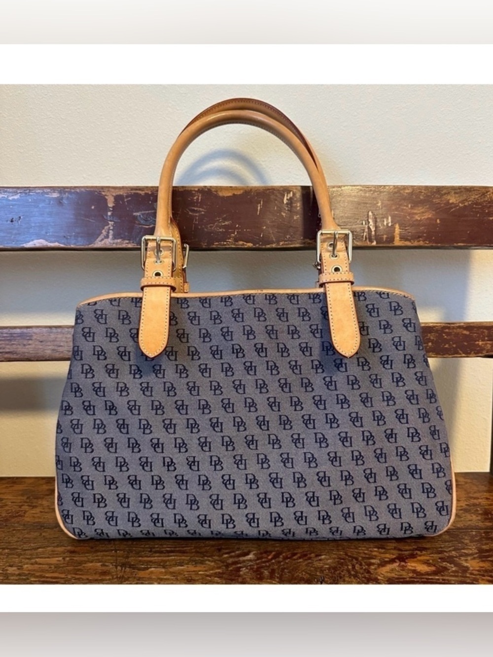 Dooney & Bourke Blue DB Logo Monogram Canvas Leather Shoulder Bag Satchel Purse